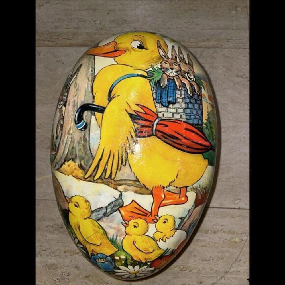 Vintage EASTER‎ EGG Paper Mache Candy Container Duck & Ducklings 12.5”x8”